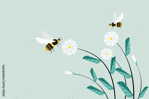 Illustration of honeybees flying around flowers
