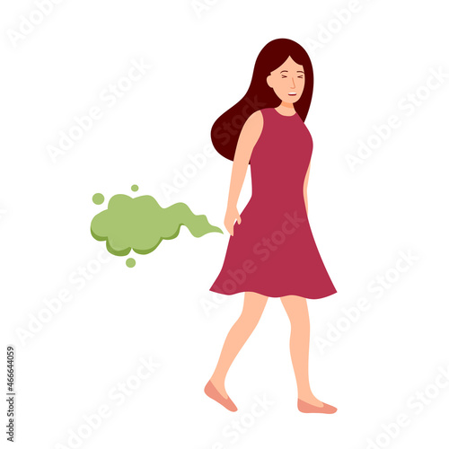 Woman farting with smelly from her bottom in flat design on white background. Farting female character concept vector illustration.