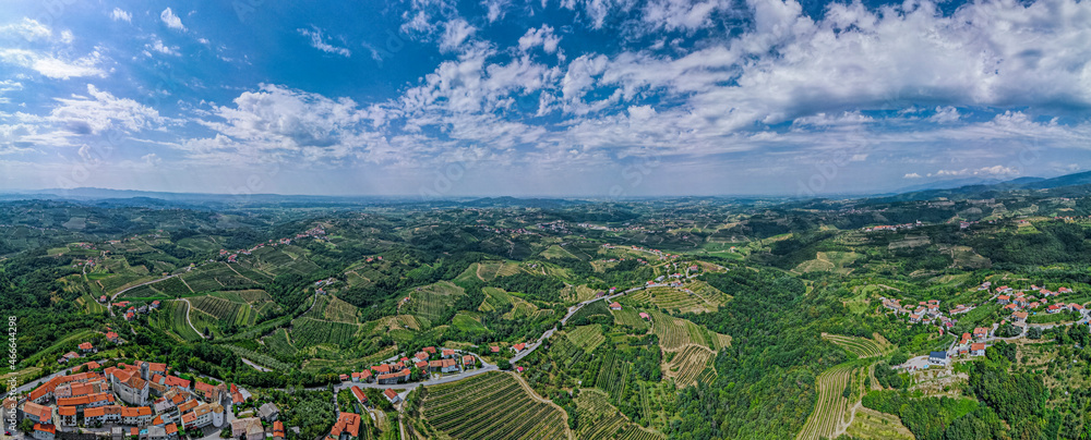 Aerial Panorama of Smartno  in Goriska Brda a Famous Wine Region of Slovenia . - obrazy, fototapety, plakaty 