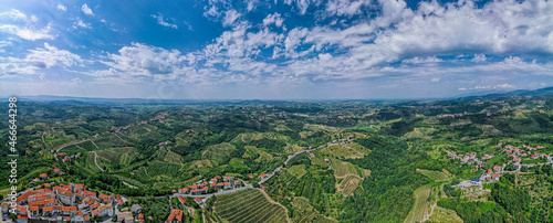 Aerial Panorama of Smartno  in Goriska Brda a Famous Wine Region of Slovenia .