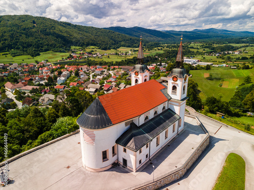 Orthodox Church of Saint Mohorja in Fortunata in Zuzumberk ( Seisenberk ) Slovenia. Drone View photo