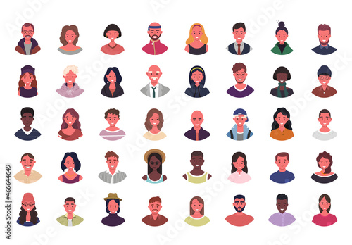 Set of various people avatars illustration. Multiethnic user portraits. Different human face icons. Male and female characters. Smiling men and women. 