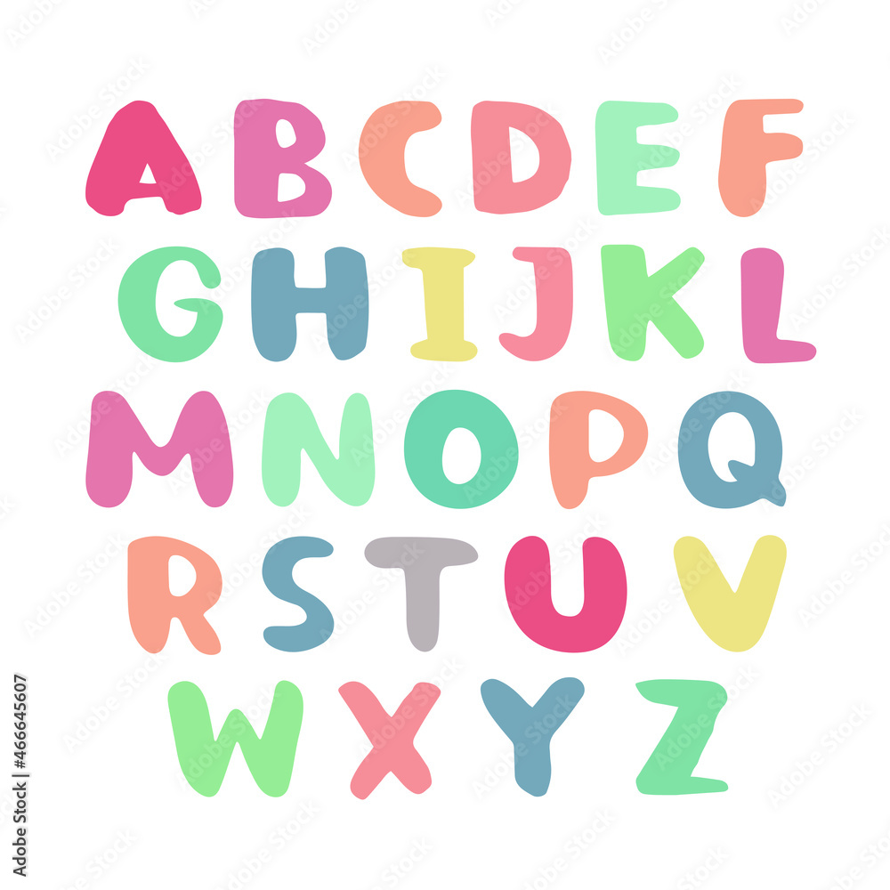 Latin alphabet in cartoon style. Characters in gentle, soft, pastel style. Cute colorful vector English alphabet, funny hand drawn typeface, ABC uppercase. Good for cards, posters, nursery designs Latin alphabet in cartoon style. Characters in gentle, soft, pastel style. Cute colorful vector English alphabet, funny hand drawn typeface, ABC uppercase. Good for cards, posters, nursery designs
