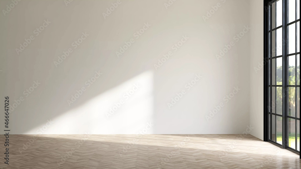 3d rendering picture of an empty living room with sunlight shine through a sliding door, wooden floor, white wall. Renovate, New house, Home loan, Property, Background, Mockup, Backdrop, Advertising. - obrazy, fototapety, plakaty 