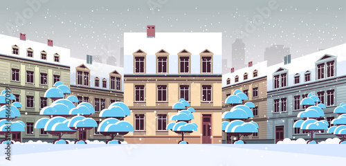 winter city street with modern houses exterior urban buildings facade horizontal cityscape background