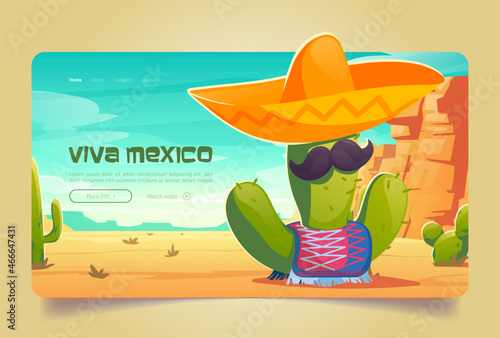 Viva Mexico cartoon landing page, funny Mexican cactus with mustaches in sombrero and poncho at desert landscape. Traditional Latin holiday or fiesta party celebration concept, vector web banner
