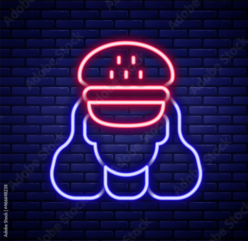 Glowing neon line Taxi driver icon isolated on brick wall background. Colorful outline concept. Vector