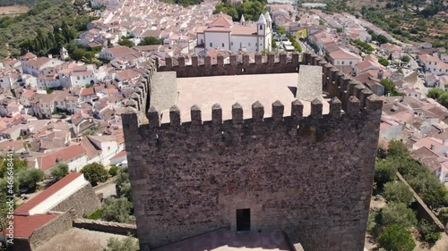 Tower of Castle in civil parish of Santa Maria da Devassa, Castelo de Vide in Portugal. Aerial drone orbiting photo