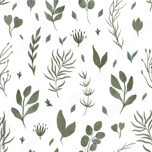 Seamless pattern of vector watercolor leaves and branches. Lovely design element to make your own pattern, laurels and compositions.