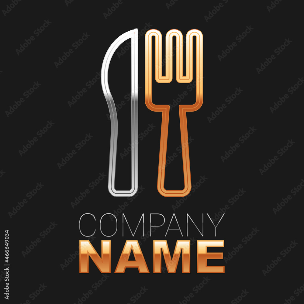 Fototapeta premium Line Crossed knife and fork icon isolated on black background. Cutlery symbol. Colorful outline concept. Vector