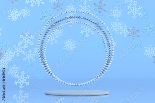 3d winter template with podium  pearl arch  snowflakes. Festive design isolated on blue pastel background. Mockup for Christmas holiday presentation