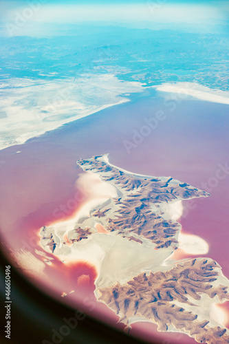 Aerial View Of Lake Urmia From Window Of Plane. Beautiful Lake Urmia Is An Endorheic Salt Lake In Iran. Aerial View Of Jezireye Island-Eshek. West Azerbaijan Province, Iran, Kurdistan photo