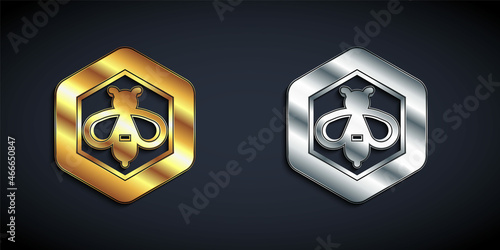 Gold and silver Bee and honeycomb icon isolated on black background. Honey cells. Honeybee or apis with wings symbol. Flying insect. Sweet natural food. Long shadow style. Vector