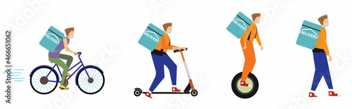 Online delivery service.Electric scooter, gyroboard, scooter and bicycle courier. Delivery service concept. Flat Style

