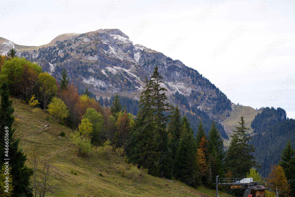 Mountain panorama seen from Axalp at Bernese Highlands on a grey cloudy autumn day. Photo taken October 19th, 2021, Brienz, Switzerland. Mountain panorama seen from Axalp at Bernese Highlands on a grey cloudy autumn day. Photo taken October 19th, 2021, Brienz, Switzerland.