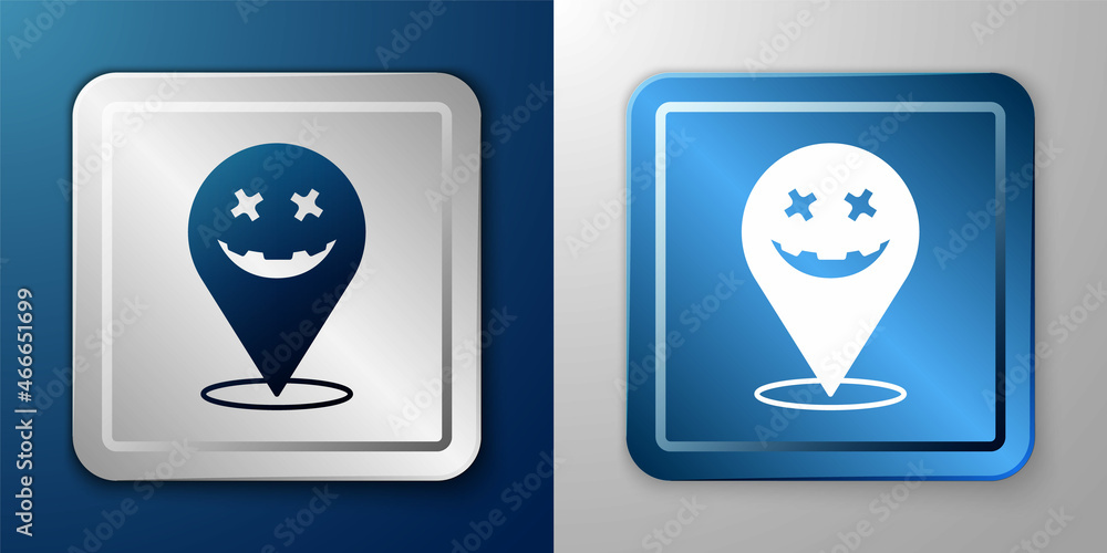 White Happy Halloween holiday icon isolated on blue and grey background. Silver and blue square button. Vector White Happy Halloween holiday icon isolated on blue and grey background. Silver and blue square button. Vector
