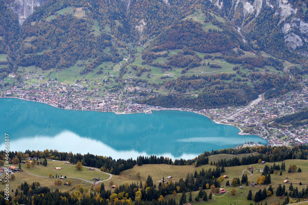 Aerial view from Axalp at Bernese Highlands to lake Brienz on a cloudy autumn day. Photo taken October 19th, 2021, Brienz, Switzerland.