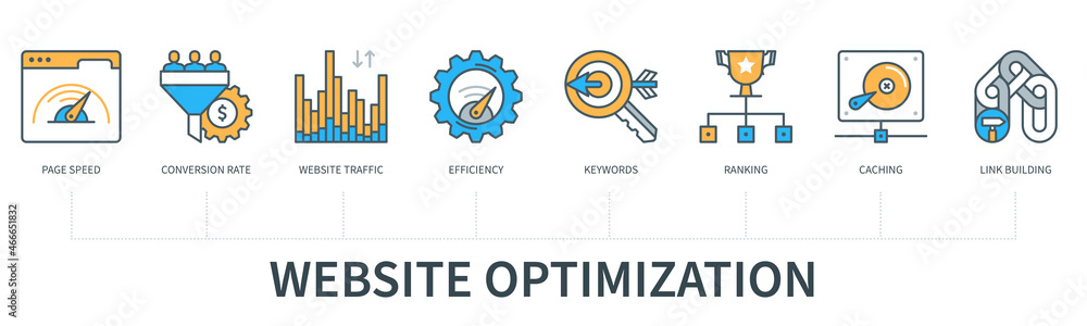 Website Optimization concept with icons. Page Speed, Conversion Rate, Website Traffic, Efficiency, Keywords, Ranking, Caching, Link Building. Web vector infographic in minimal flat line style