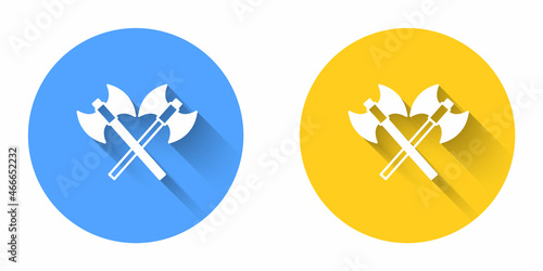 White Crossed medieval axes icon isolated with long shadow background. Battle axe, executioner axe. Medieval weapon. Circle button. Vector