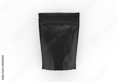 Black foil food doy pack stand up pouch, zipper pouch packaging bag mockup on isolated white background, ready for design presentation, 3d illustration