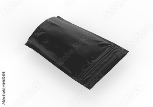 Black foil food doy pack stand up pouch, zipper pouch packaging bag mockup on isolated white background, ready for design presentation, 3d illustration