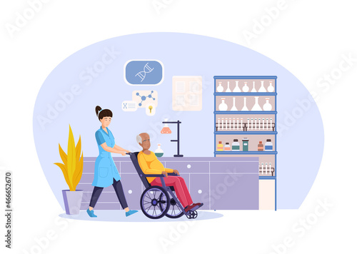 Social workers taking care about seniors people. Volunteers caring for elderly, disabled, illness. Nurse and doctor ride wheelchair at medical laboratory.