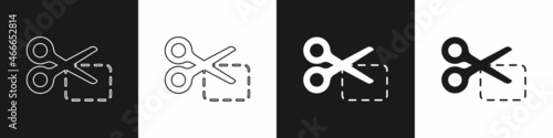 Set Scissors cuts discount coupon icon isolated on black and white background. The concept of selling in an online supermarket at low prices or half the cost. Vector