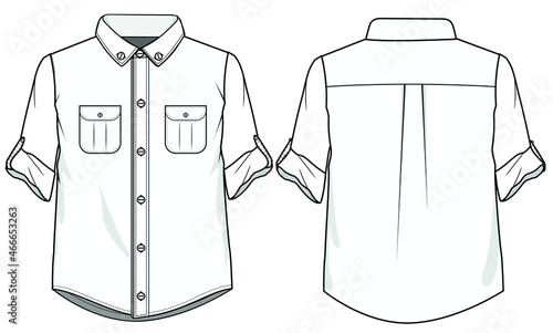 Tab Sleeve Button Down Collar Shirt with Pockets Front and Back View. fashion illustration vector, CAD, technical drawing, flat drawing.