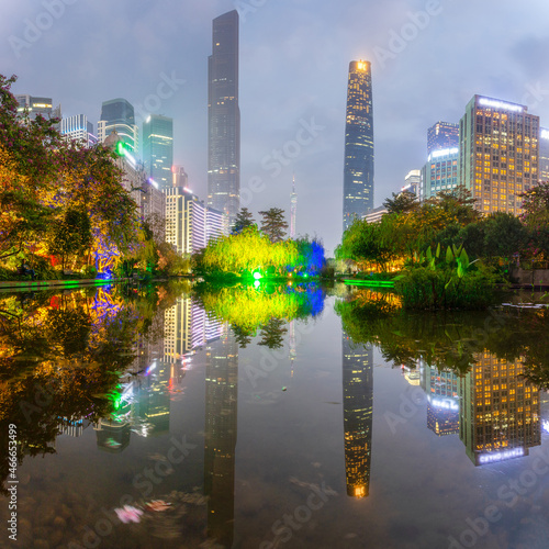 Modern urban night view Guangzhou city scenery and business building in public park, Guangzhou