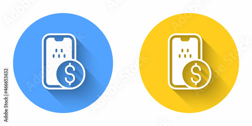 White Mobile banking icon isolated with long shadow background. Transfer money through mobile banking on the mobile phone screen. Circle button. Vector