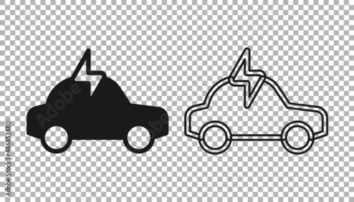 Black Electric car and electrical cable plug charging icon isolated on transparent background. Renewable eco technologies. Vector