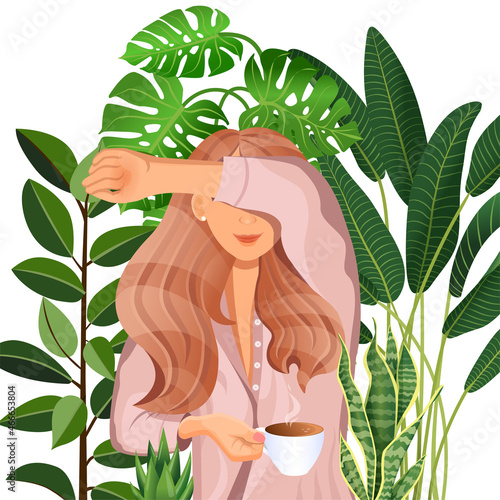 Young red haired girl with a cup of coffee in the morning on the background of home plants. Good morning. Vector illustration of a sleepy woman in pajamas for advertising, postcard. Cartoon style.