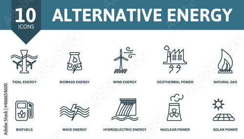 Alternative Energy icon set. Collection of simple elements such as the tidal energy, biomass energy, wind energy, geothermal power, nuclear power, wave energy, solar power. photo
