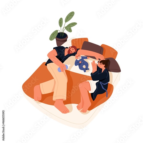 Family with baby sleeping together in bed. Tired parents and asleep infant resting in bedroom. Sleepy couple, mother and father, and newborn kid. Flat vector illustration isolated on white background