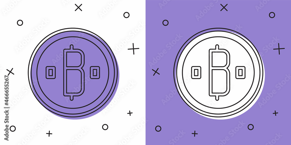 Set Cryptocurrency coin Bitcoin icon isolated on white and purple background. Physical bit coin. Blockchain based secure crypto currency. Vector Set Cryptocurrency coin Bitcoin icon isolated on white and purple background. Physical bit coin. Blockchain based secure crypto currency. Vector