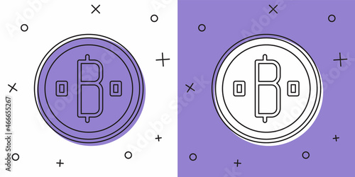 Set Cryptocurrency coin Bitcoin icon isolated on white and purple background. Physical bit coin. Blockchain based secure crypto currency. Vector