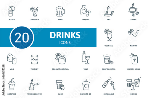 Drinks icon set. Collection of simple elements such as the water, lemonade, beer, martini, milk, coconat cocktail, tequila.