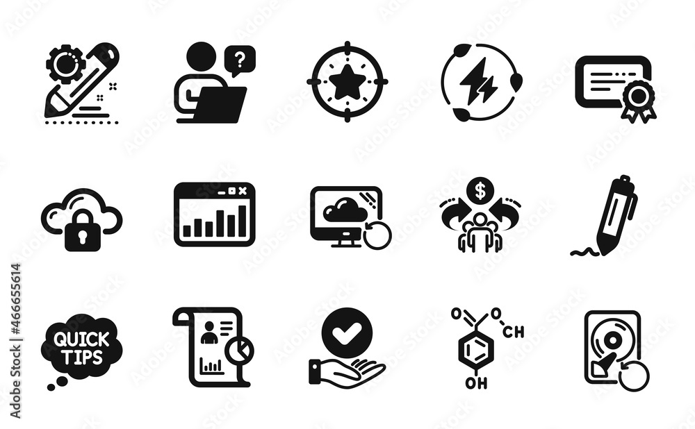 Vector set of Recovery cloud, Star target and Green electricity icons simple set. Quick tips, Report and Sharing economy icons. Cloud protection, Signature and Certificate signs. Vector