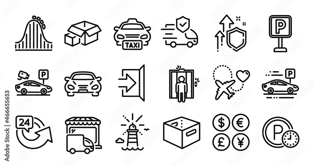 Parking security, Car and Elevator line icons set. Secure shield and Money currency exchange. 24 hours, Office box and Delivery truck icons. Honeymoon travel, Parking and Taxi signs. Vector Parking security, Car and Elevator line icons set. Secure shield and Money currency exchange. 24 hours, Office box and Delivery truck icons. Honeymoon travel, Parking and Taxi signs. Vector