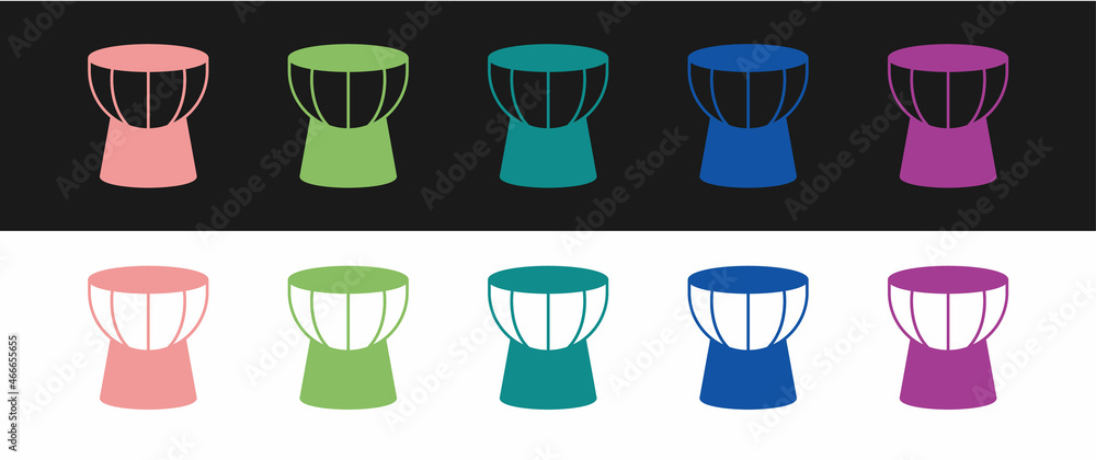 Set African darbuka drum icon isolated on black and white background. Musical instrument. Vector Set African darbuka drum icon isolated on black and white background. Musical instrument. Vector