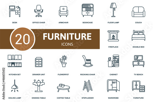 Furniture icon set. Collection of simple elements such as the desk, office chair, armchair, double bed, kitchen set, flowerpot, bookcase.