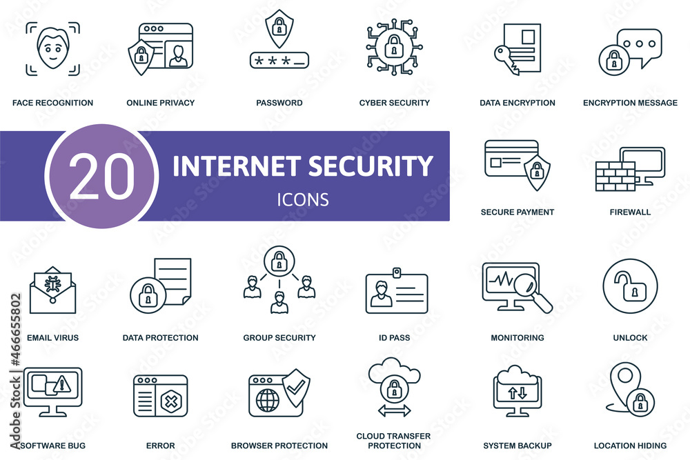 Internet Security icon set. Collection of simple elements such as the face recognition, online privacy, password, firewall, email virus, group security, cyber security. Internet Security icon set. Collection of simple elements such as the face recognition, online privacy, password, firewall, email virus, group security, cyber security.