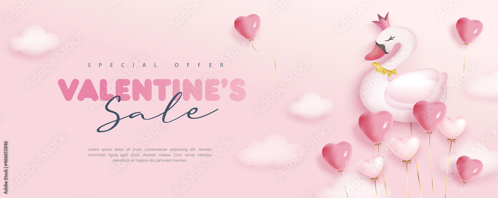 Valentine's day concept background with swan and heart shape balloons. Happy Valentines day vector sale banner, flyer, invitation, poster, background design