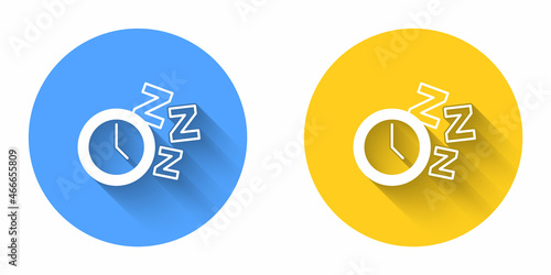 White Alarm clock icon isolated with long shadow background. Wake up, get up concept. Time sign. Circle button. Vector