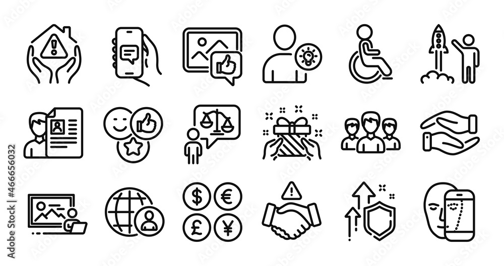 Disabled, Job interview and Chat app line icons set. Secure shield and Money currency exchange. Helping hand, Dont handshake and Like icons. Vector Disabled, Job interview and Chat app line icons set. Secure shield and Money currency exchange. Helping hand, Dont handshake and Like icons. Vector