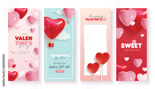 Set of Valentine's day concept background with swan, heart shape balloons and hot air balloon. Happy Valentines day vector sale banner, flyer, invitation, poster, background design