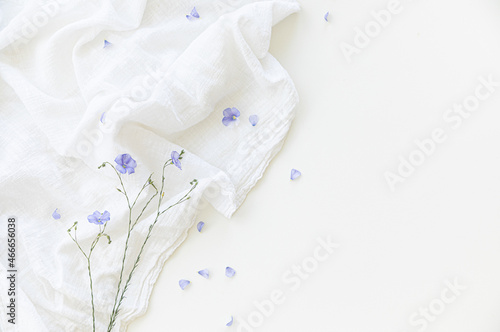Blooming flax flowers on a white background on light-colored textiles.