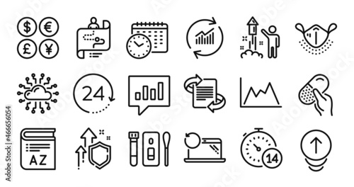 Journey path, Swipe up and Analytical chat line icons set. Secure shield and Money currency exchange. Fireworks, Recovery laptop and Marketing icons. Quarantine, Vocabulary and 24 hours signs. Vector