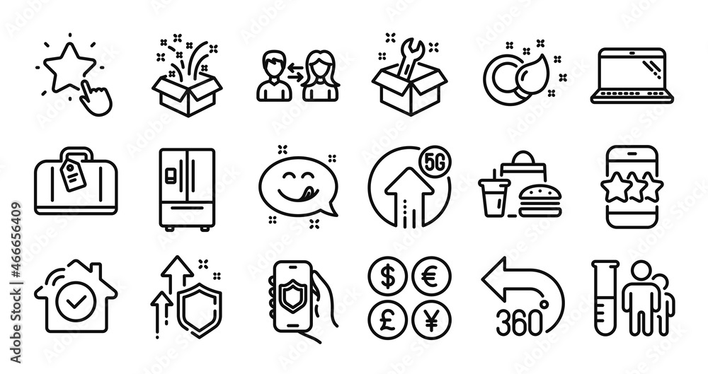 Security app, Paint brush and Spanner line icons set. Secure shield and Money currency exchange. Refrigerator, 360 degrees and Medical analyzes icons. Vector Security app, Paint brush and Spanner line icons set. Secure shield and Money currency exchange. Refrigerator, 360 degrees and Medical analyzes icons. Vector