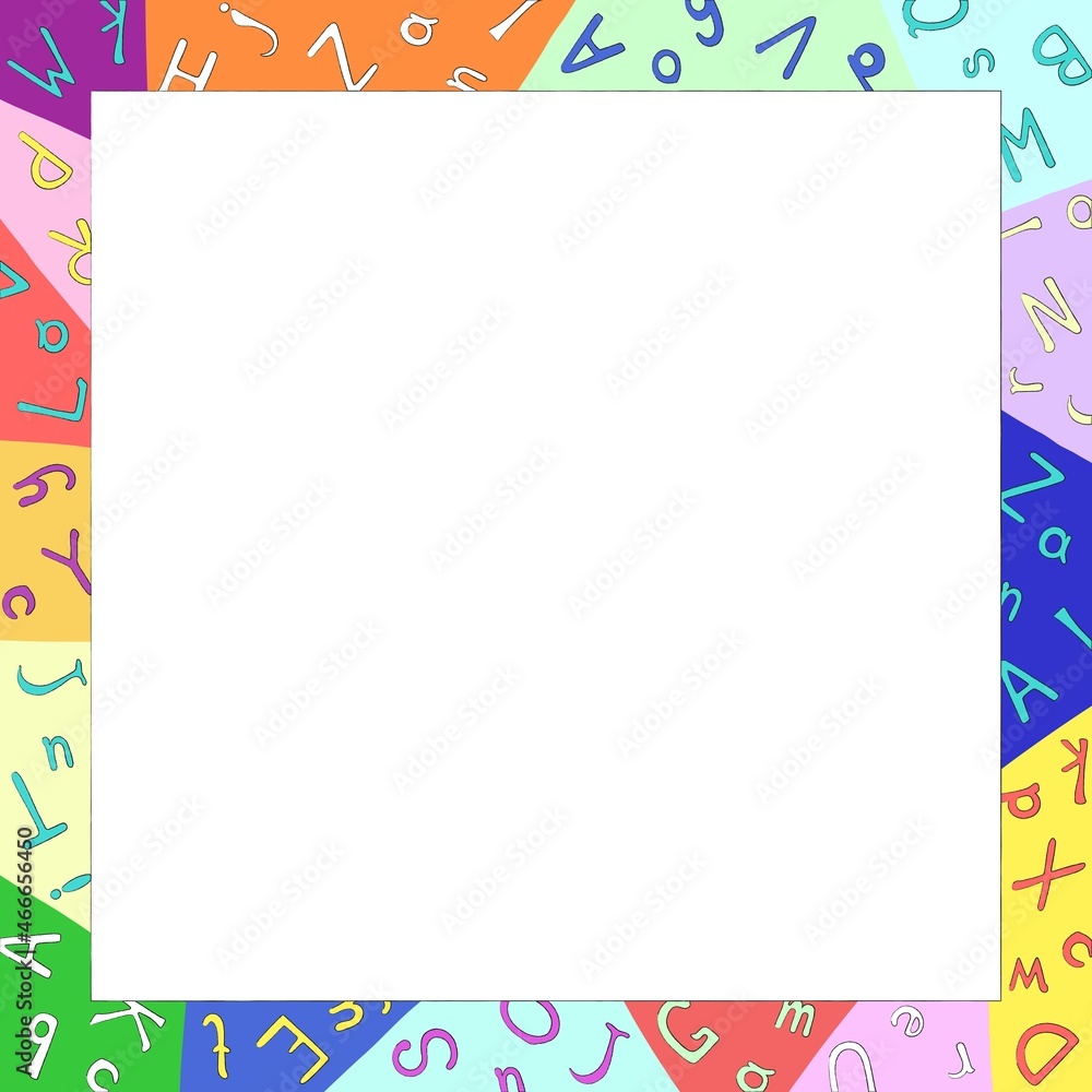 Multicolored square frame with English letters around transparent space. It is easy to change the color of the frame and letters to whatever you want. Vector illustration Multicolored square frame with English letters around transparent space. It is easy to change the color of the frame and letters to whatever you want. Vector illustration